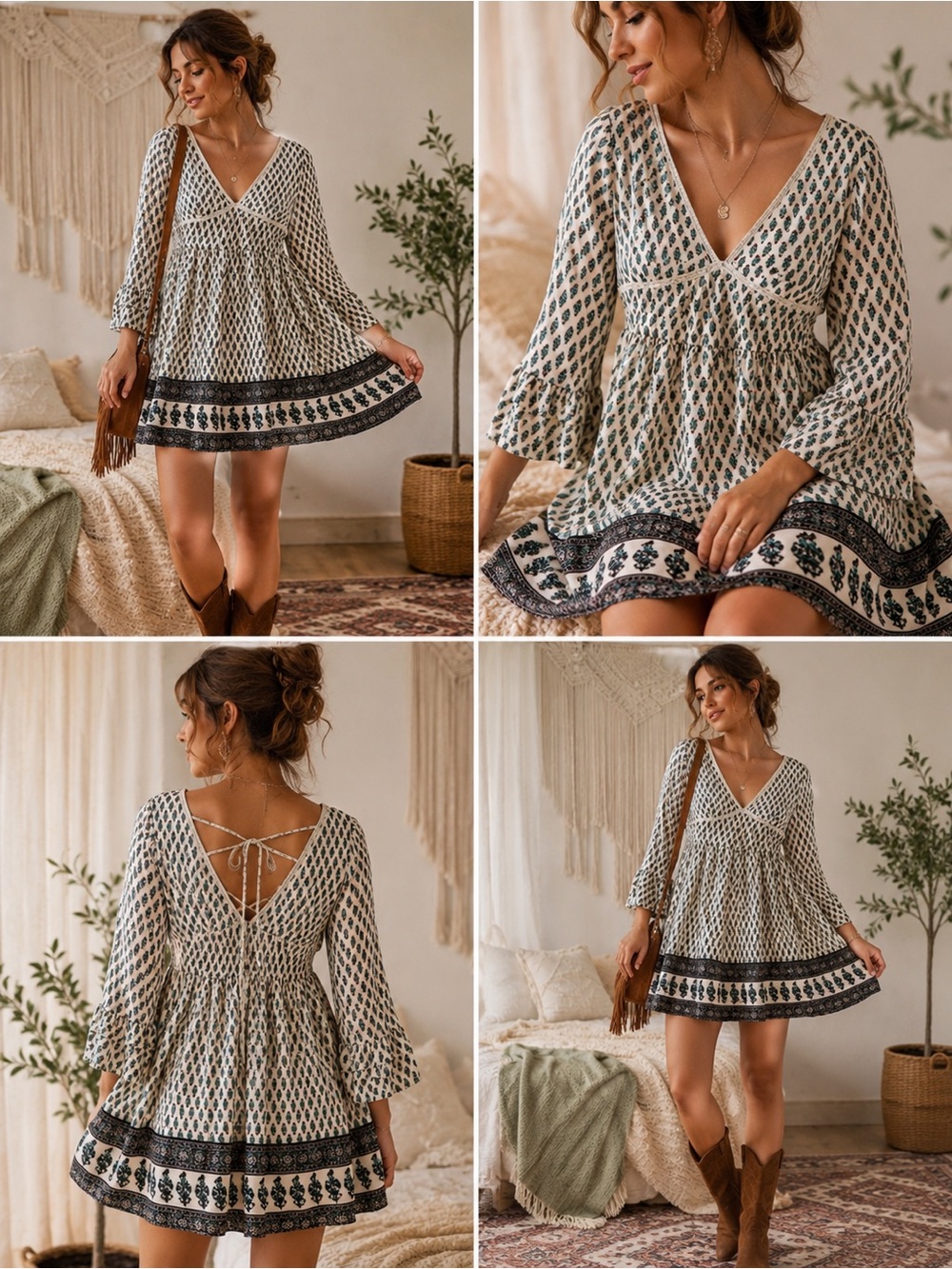 American Rag Size S BOHO Babydoll Mini Dress Cream Green Print Fairy Festival